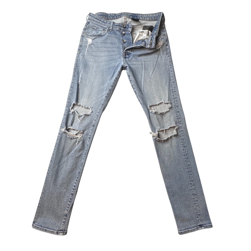 H&M‎ Jeans Mens 32x32 (29x29) Blue Skinny Low Waist Distressed Denim Button Fly